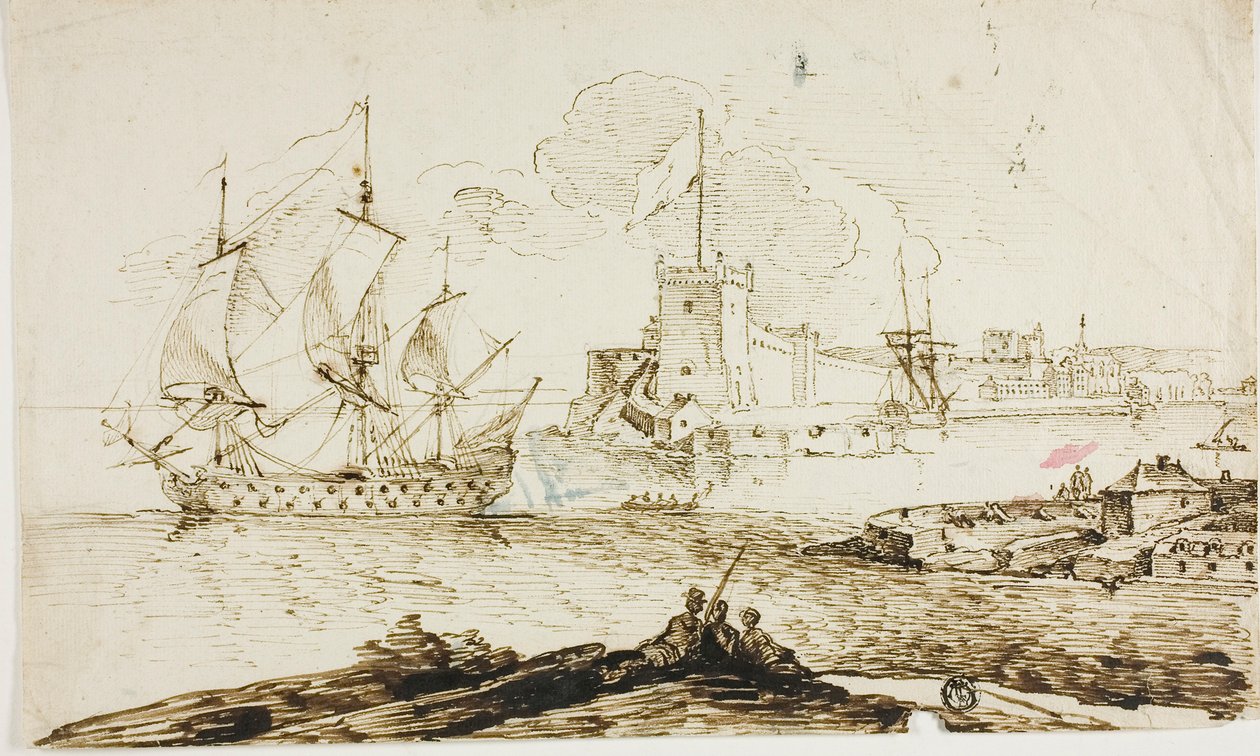 Udsigt over havnen i befæstet by af Unknown artist