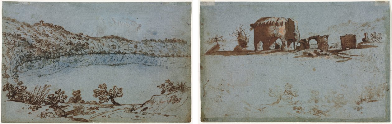 Udsigt over Nemi-søen (recto) Lille gruppe af romerske ruiner (verso) af Unknown artist