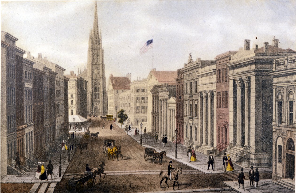Udsigt over New York: Wall Street-udsigt over William Street. Litografi sd. omkring midten af 1800-tallet. af Unknown artist