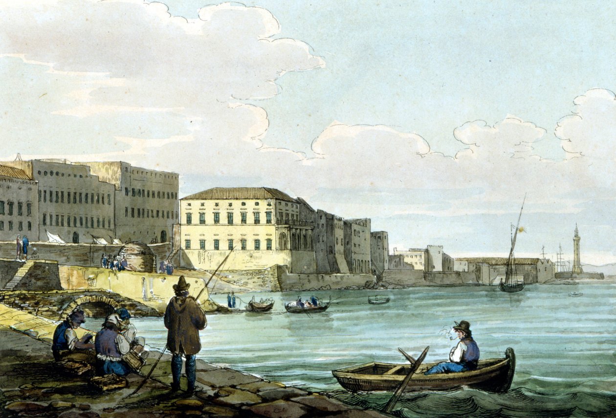 Udsigt over Santa Lucia, Napoli. Akvarel omkring 1850. af Unknown artist