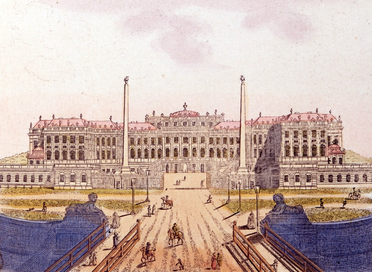 Udsigt over Schönbrunn Slot, tidligere residens for den østrigske kejserfamilie, Wien, Østrig, gravering fra 1820 af Unknown artist
