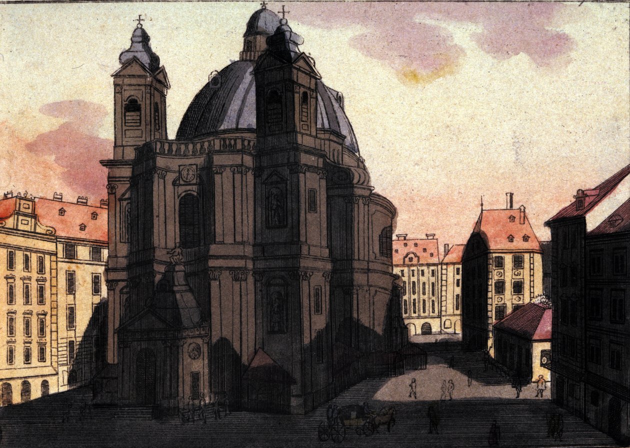 Udsigt over Peterspladsen og kirken i Wien, Østrig Gravering fra 1820 af Unknown artist