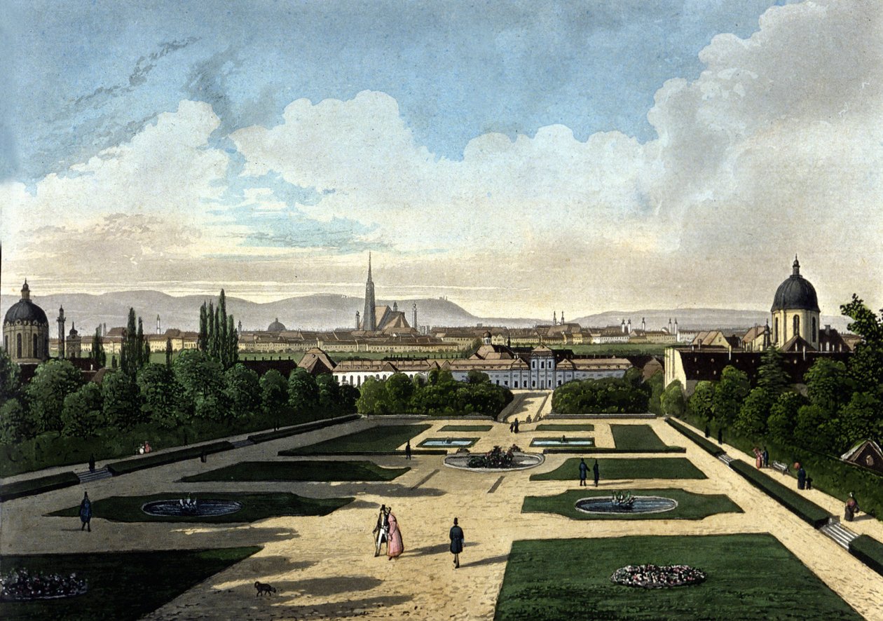Udsigt over Wiens Belvedere, østrigsk barokpalads bygget af Eugene de Savoye. Litografi af det 19. århundrede af Unknown artist