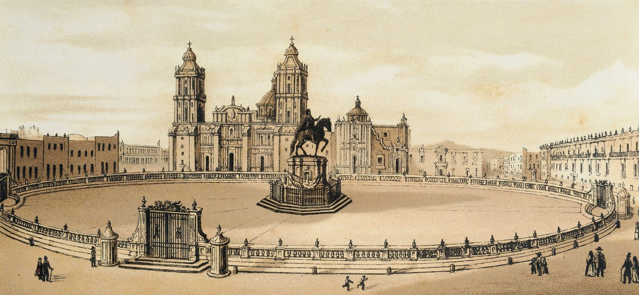 Udsigt over Zocalo-pladsen og katedralen i Mexico City, Mexico Litografi fra slutningen af det 19. århundrede af Unknown artist