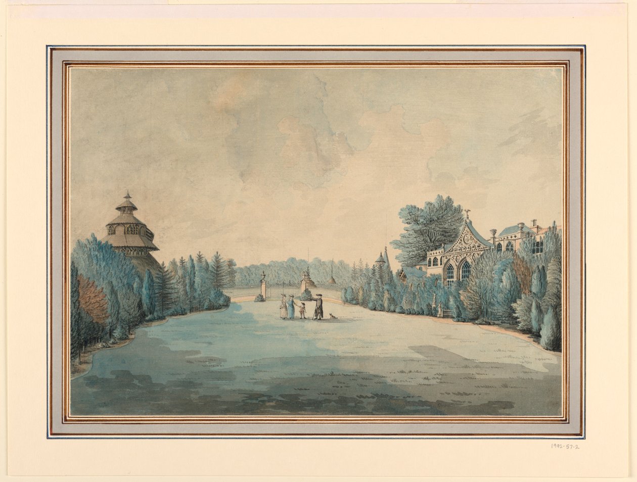 Udsigt over en have med pagode af Unknown artist