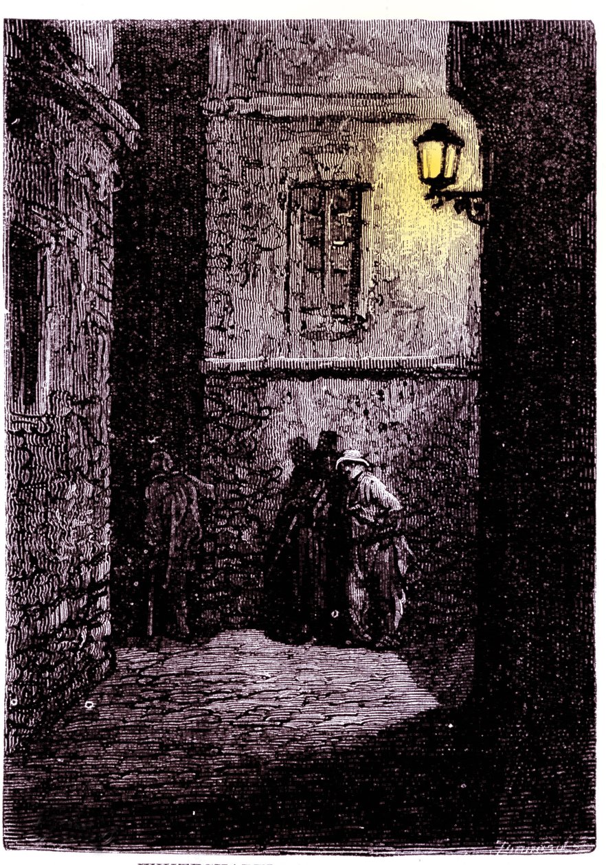 Udsigt over en mørk gyde i Whitechapel-distriktet i London. 1700-tals gravering af Unknown artist