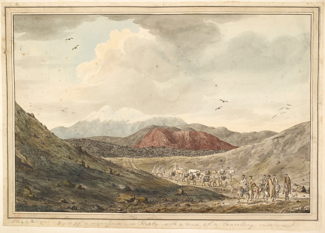 Udsigt over et bjerg, nær Hekla med udsigt til en rejsekaravane. af Unknown artist