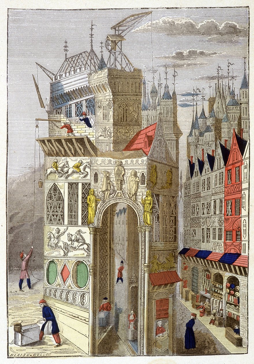 Udsigt over en rue de Paris i det 15. århundrede med sine bindingsværkshuse og en kirke under opførelse. af Unknown artist