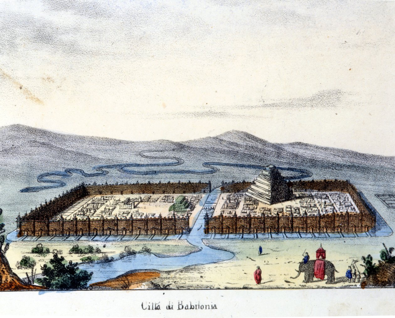 Udsigt over det gamle Babylon: i midten templet og de hængende haver. Brændende sd. begyndelsen af det 19. århundrede. af Unknown artist