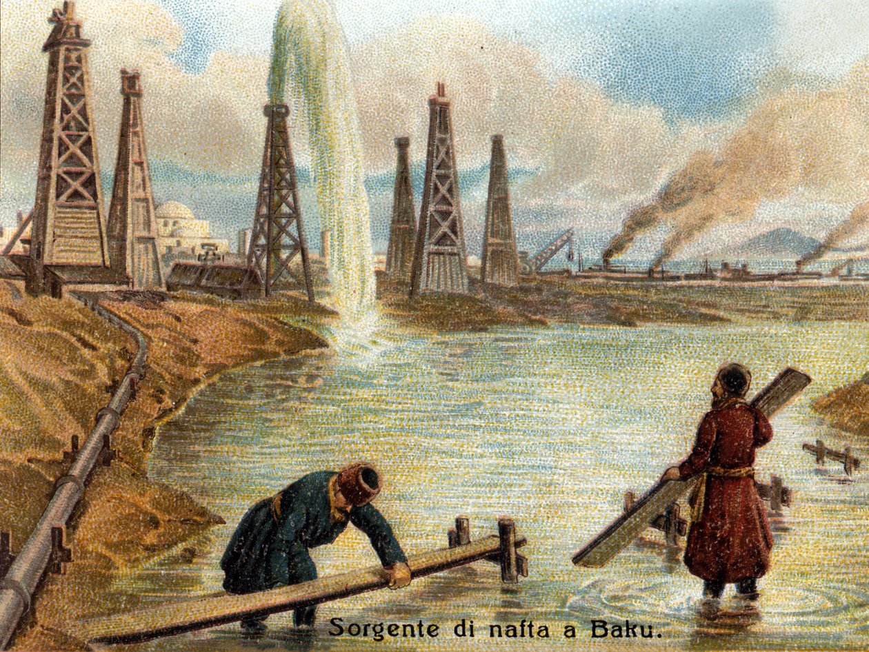 Udsigt over oliebrønde i Baku, Aserbajdsjan. kromolitografi omkring 1890. af Unknown artist