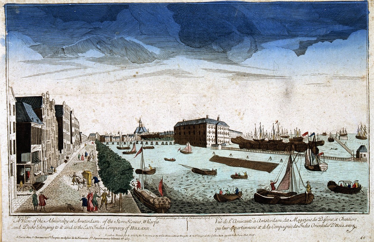 Udsigt over Admiralitetet i Amsterdam af butikkerne i bassinerne og byggepladserne, der ejes af dem og Company of the East Indies of Holland - Optisk udsigt af Unknown artist