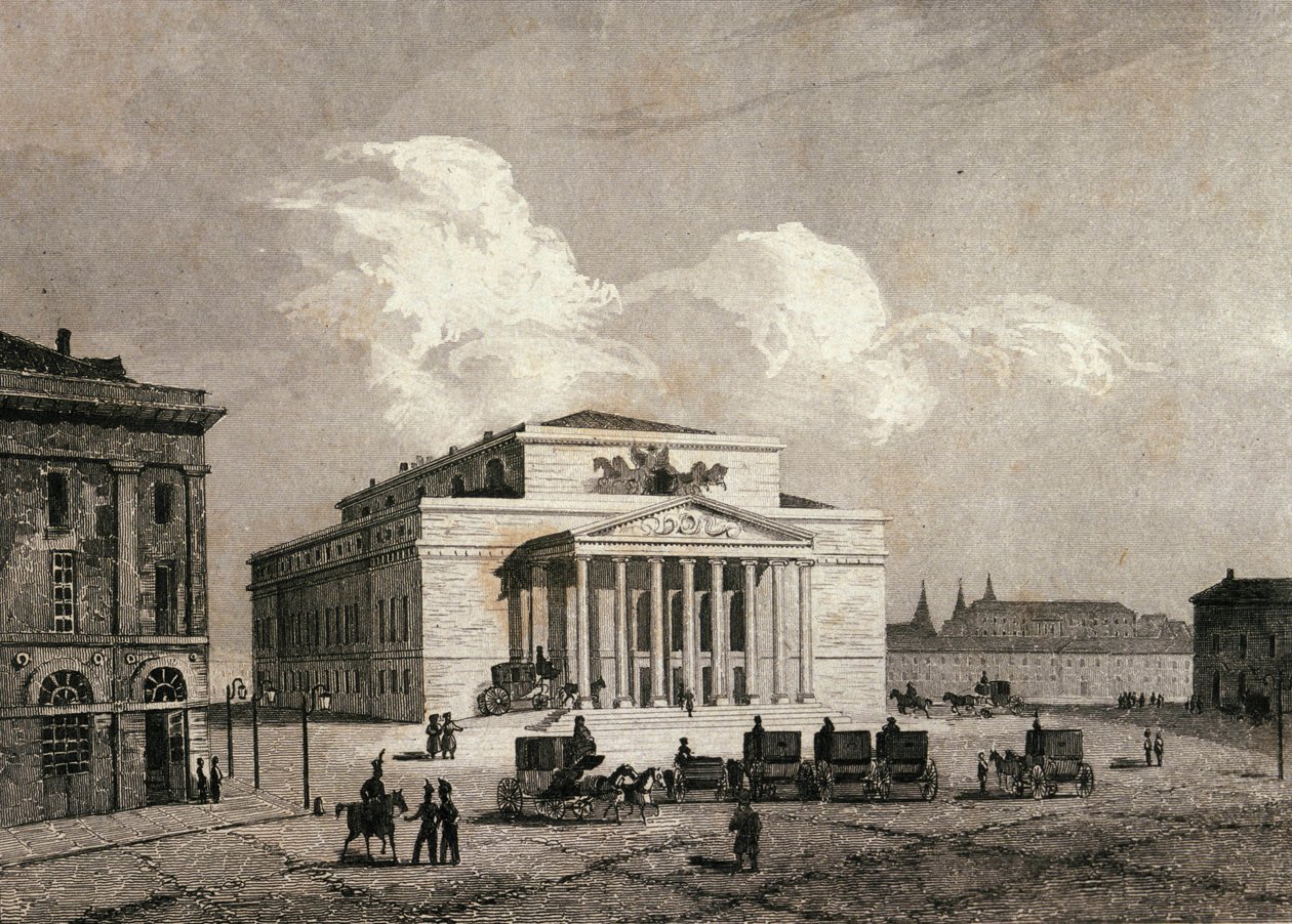 Udsigt over Bolchoi-teatret i Moskva, Rusland i 1838 Gravering af det 19. århundrede af Unknown artist