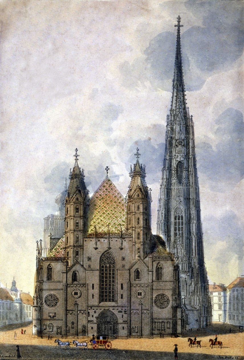 Udsigt over St. Stephens katedral (St. Stephen eller Stephansdom eller St. Stephane eller St. Stephan Kirche) fra Wien i Østrig i slutningen af det 18. århundrede. af Unknown artist