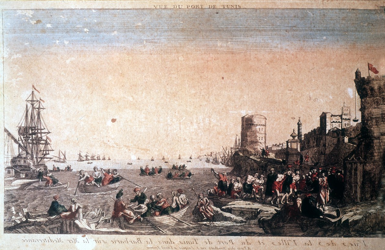 Udsigt over byen og havnen i Tunis i barbari ved Middelhavet - Fangede pirater ankommer til Port de la Goulette i Tunis. Gravering 1700-tallet. af Unknown artist