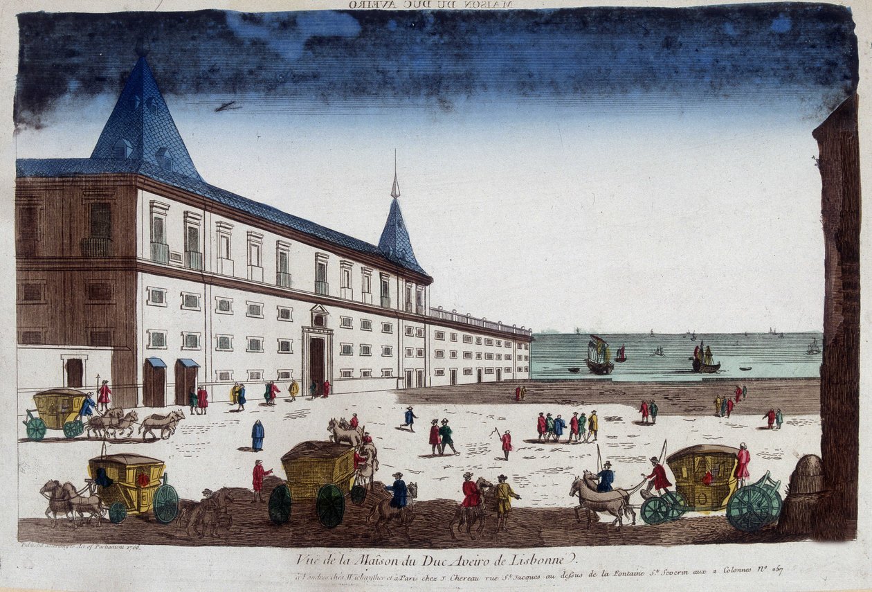 Udsigt over hertugen af Aveiros hus i Lissabon, Portugal. 1700-tals stik. af Unknown artist