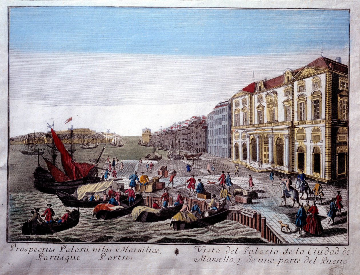 Udsigt over Hotel de Ville og en del af havnen i Marseille. Scene for handel og losning af varer på kajen. Anonym gravering af Marseille fra det 18. århundrede, Musee de la Marine af Unknown artist