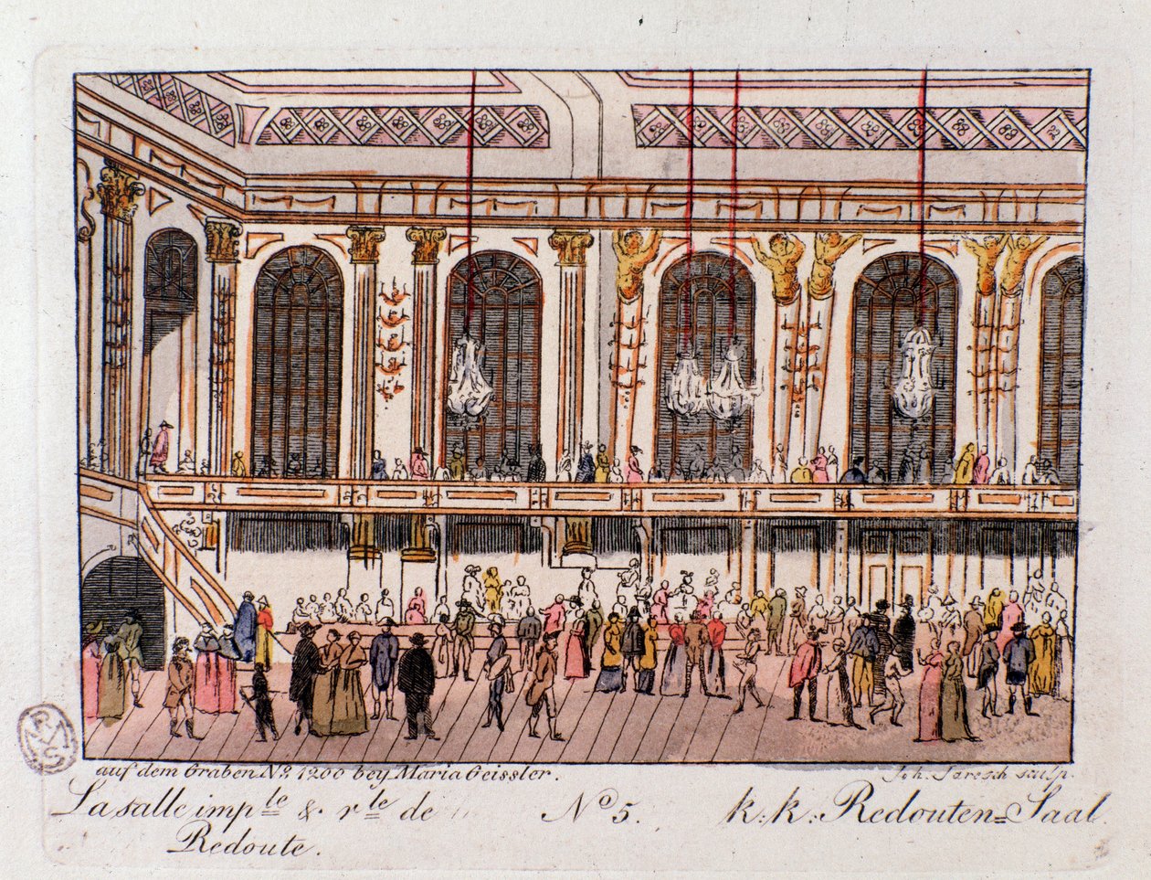 Udsigt over den kejserlige og kongelige sal af Redoubt i Wien, Østrig. Stik fra 1815 Privatsamling af Unknown artist