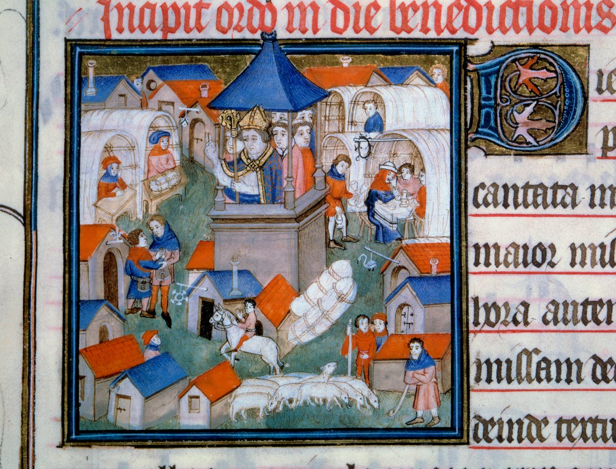 Udsigt over Lendit-messen, populær sammenkomst og gåture i byen Saint Denis Festen i Paris velsignede åbningen af denne begivenhed. Miniature fra "Pontifical de Sens"" 1300-tallets Paris, B.N. af Unknown artist