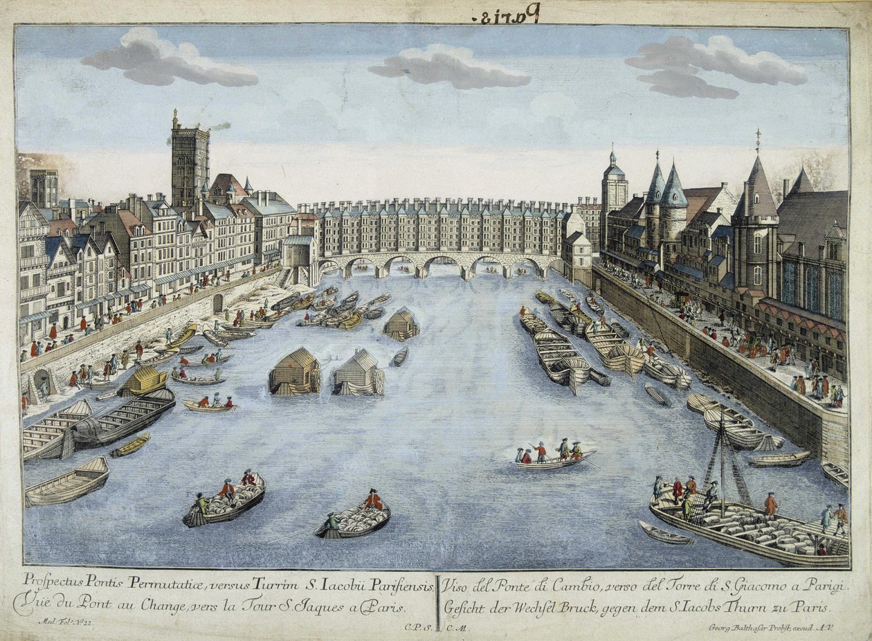 Udsigt over Pont au Change og St Jacques Tower i Paris af Unknown artist