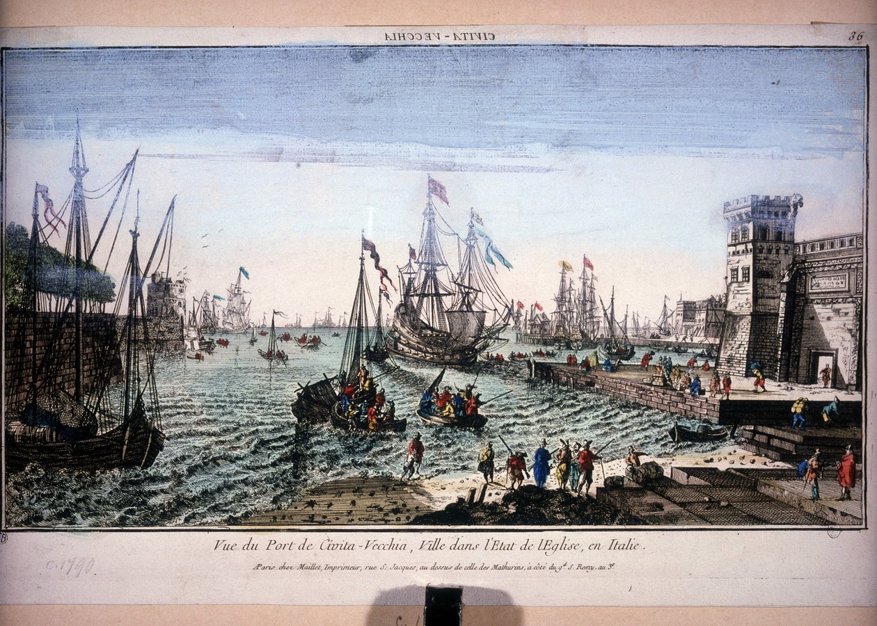 Udsigt over havnen i Civitavecchia, by i kirkens stat, Italien. Optisk billede af det 18. århundrede. af Unknown artist