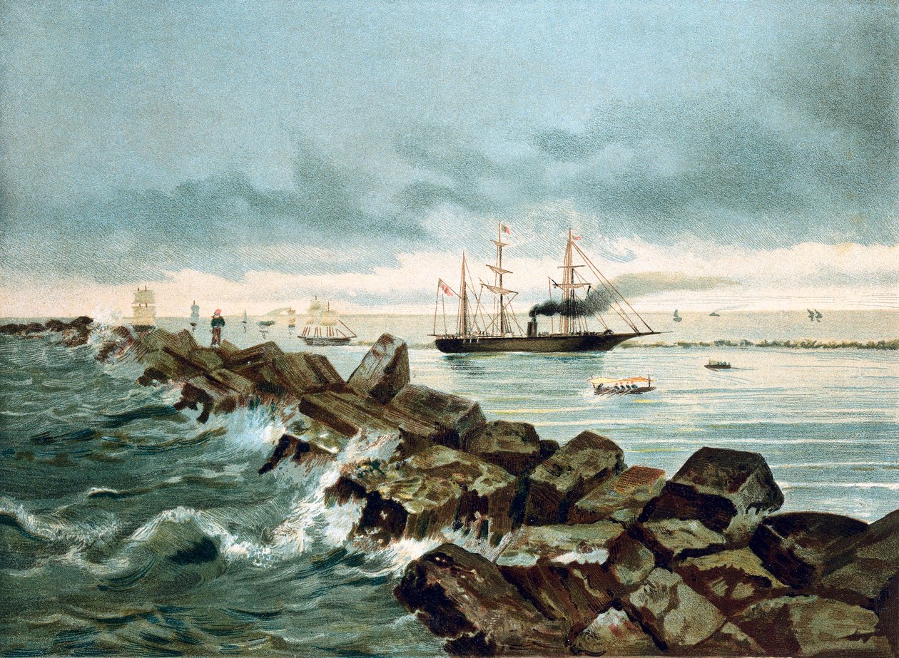 Udsigt over Suez-kanalen indvies den 17.09.1869. Kromolitografi af det 19. århundrede af Unknown artist