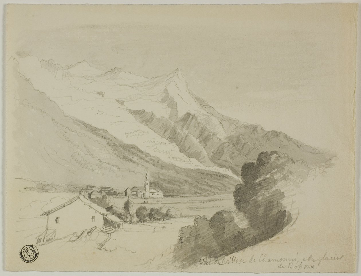Udsigt over landsbyen Chamonix og Bossons-gletsjeren af Unknown artist