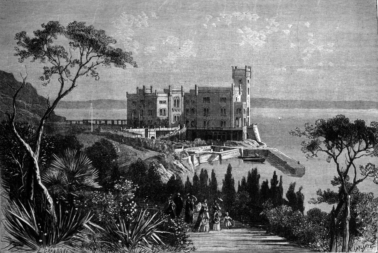 Udsigt over slottet Miramare i Trieste (i den østrigske periode), gravering fra 1885 af Unknown artist