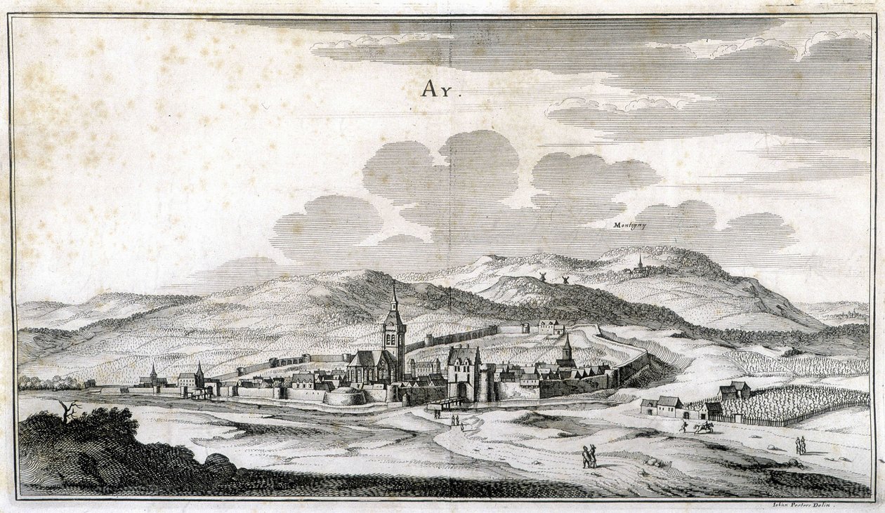 Udsigt over byen Ay. Stik fra slutningen af 1700-tallet. af Unknown artist