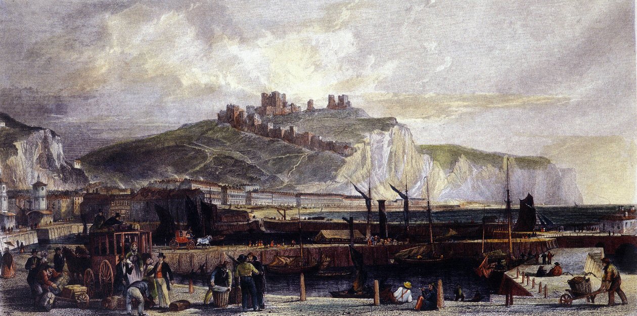 Udsigt over byen Dover og dens høje hvide kridtklipper i England. 1850. af Unknown artist