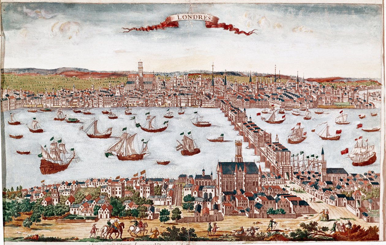 Udsigt over byen London og Themsen (gravering af Unknown artist