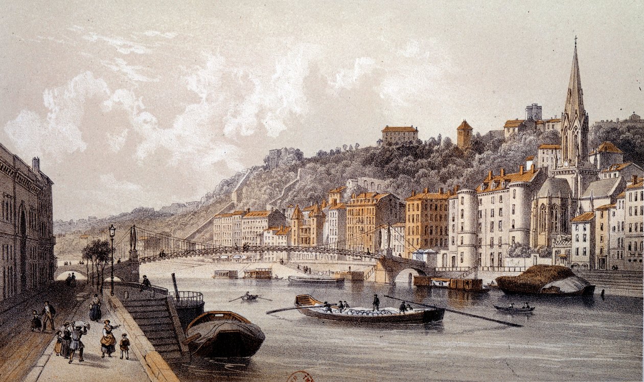 Udsigt over byen Lyon fra Quai Tilsitt. Indgravering af det 19. århundrede. Paris, B.N. af Unknown artist