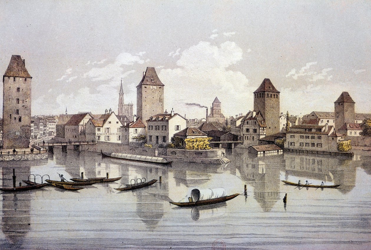 Udsigt over byen Strasbourg ved Rhinen. 1800-tals gravering Paris, B.N. af Unknown artist