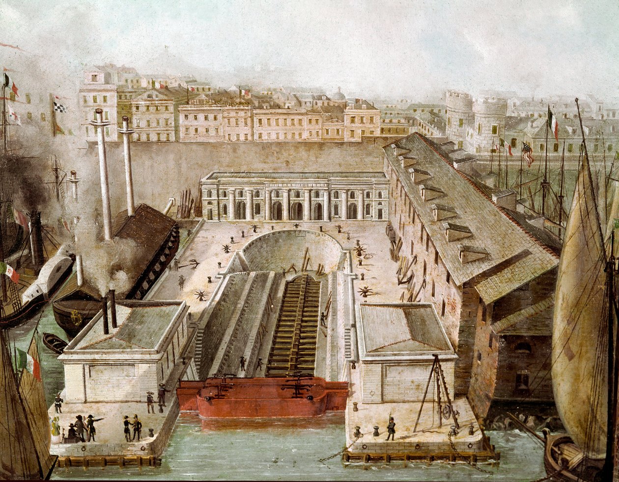 Udsigt over det tørre lastrum i havnen i Napoli indviet i 1852 (Udsigt over tørdokken i Napoli) Maleri af Museo di Capodimonte Napoli fra det 19. århundrede af Unknown artist