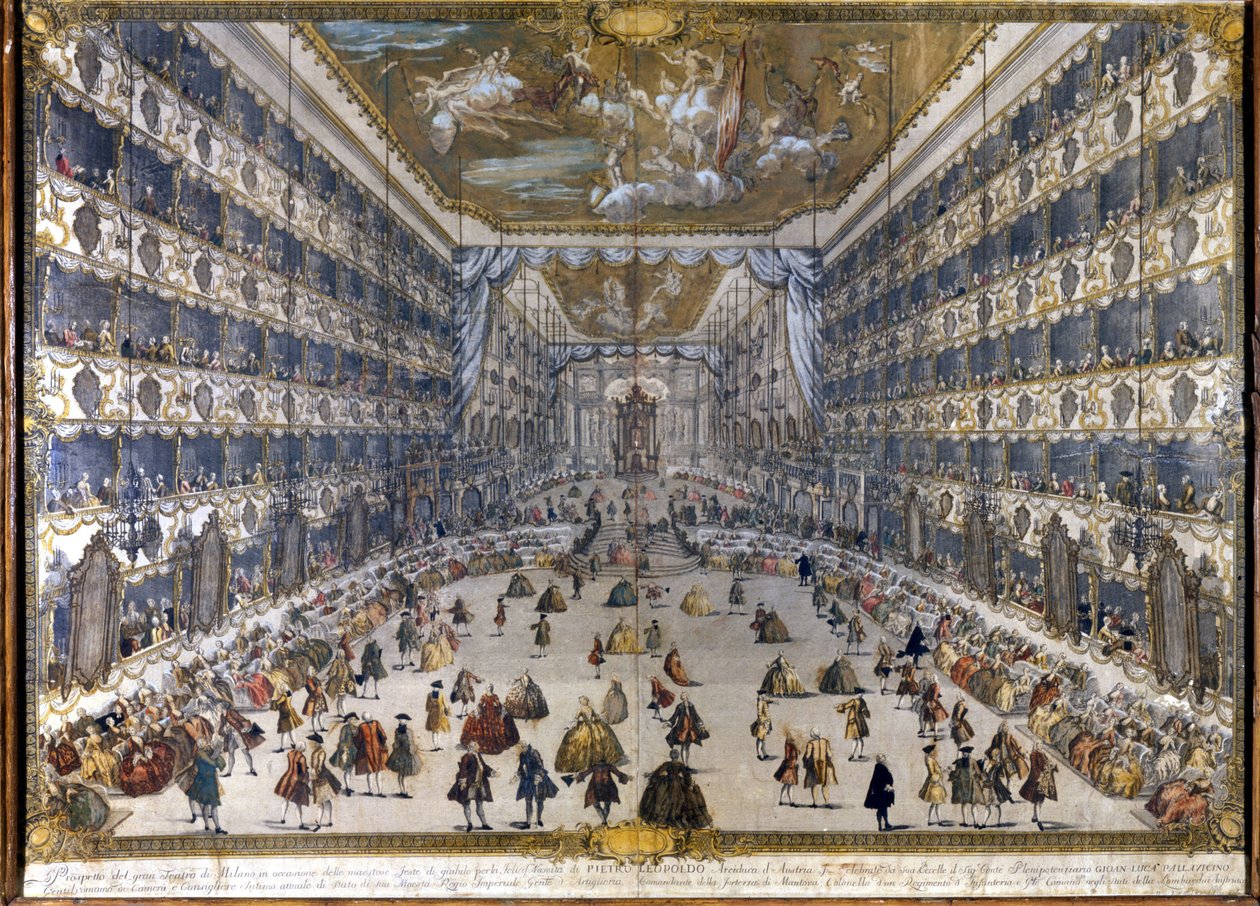 Udsigt over det hertuglige teater i Milano den 28/5/1747 i anledning af festen for ærkehertug Leopold af Østrigs fødsel. (Leopold II af Habsburg Lorraine) (1747-1792) af Unknown artist