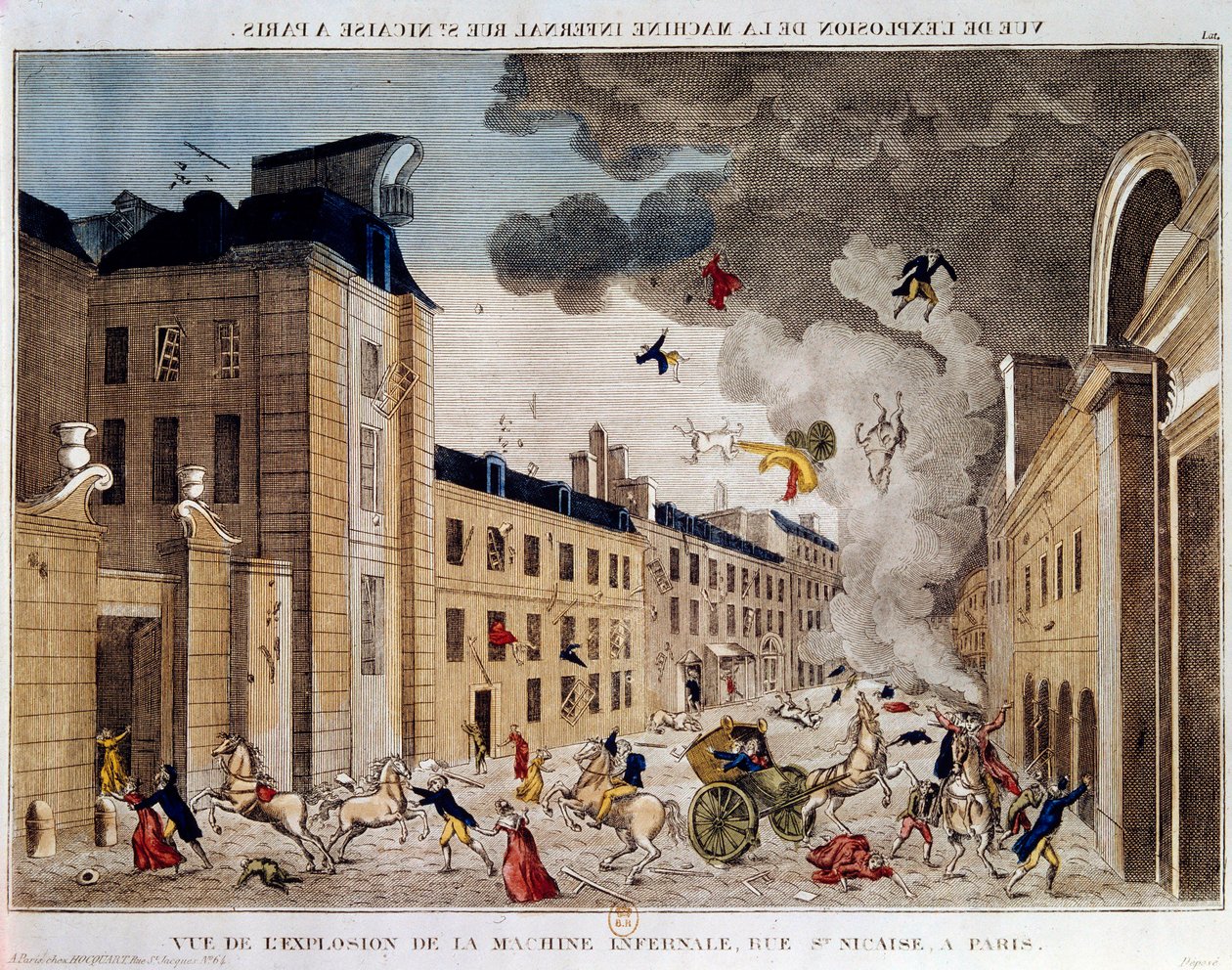 Udsigt over eksplosionen af den infernalske maskine i rue Saint Nicaise i Paris på 3. nivose an IX. Den infernalske maskines sammensværgelse er en sammensværgelse for at dræbe Napoleon Bonaparte, den nye førstekonsul efter kuppet den 18. Brumaire. En ind af Unknown artist