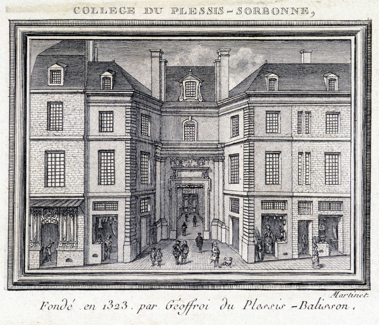 Udsigt over den udvendige facade af kollegiet i Plessis Sorbonne (Paris), grundlagt i 1323 af Geoffroy af Plessis Balisson brugt fra 1848 til 1849 af ENA. Gravering bevaret på Musee Carnavalet, Paris. af Unknown artist