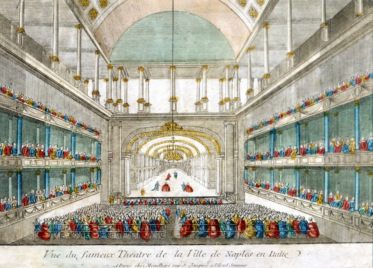 Udsigt over det berømte teater i byen Napoli i Italien. Stik fra slutningen af 1700-tallet. af Unknown artist