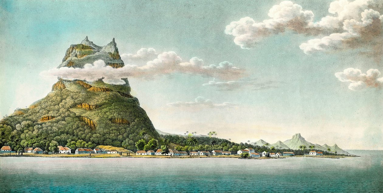 Udsigt over øen Bora Bora i det nuværende Fransk Polynesien. Stik af det 18. århundrede. Privat samling af Unknown artist
