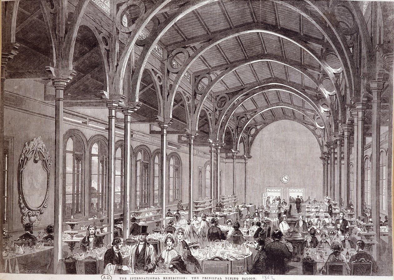 Udsigt over hovedrestauranten på 1862 International Exhibition i London. af Unknown artist
