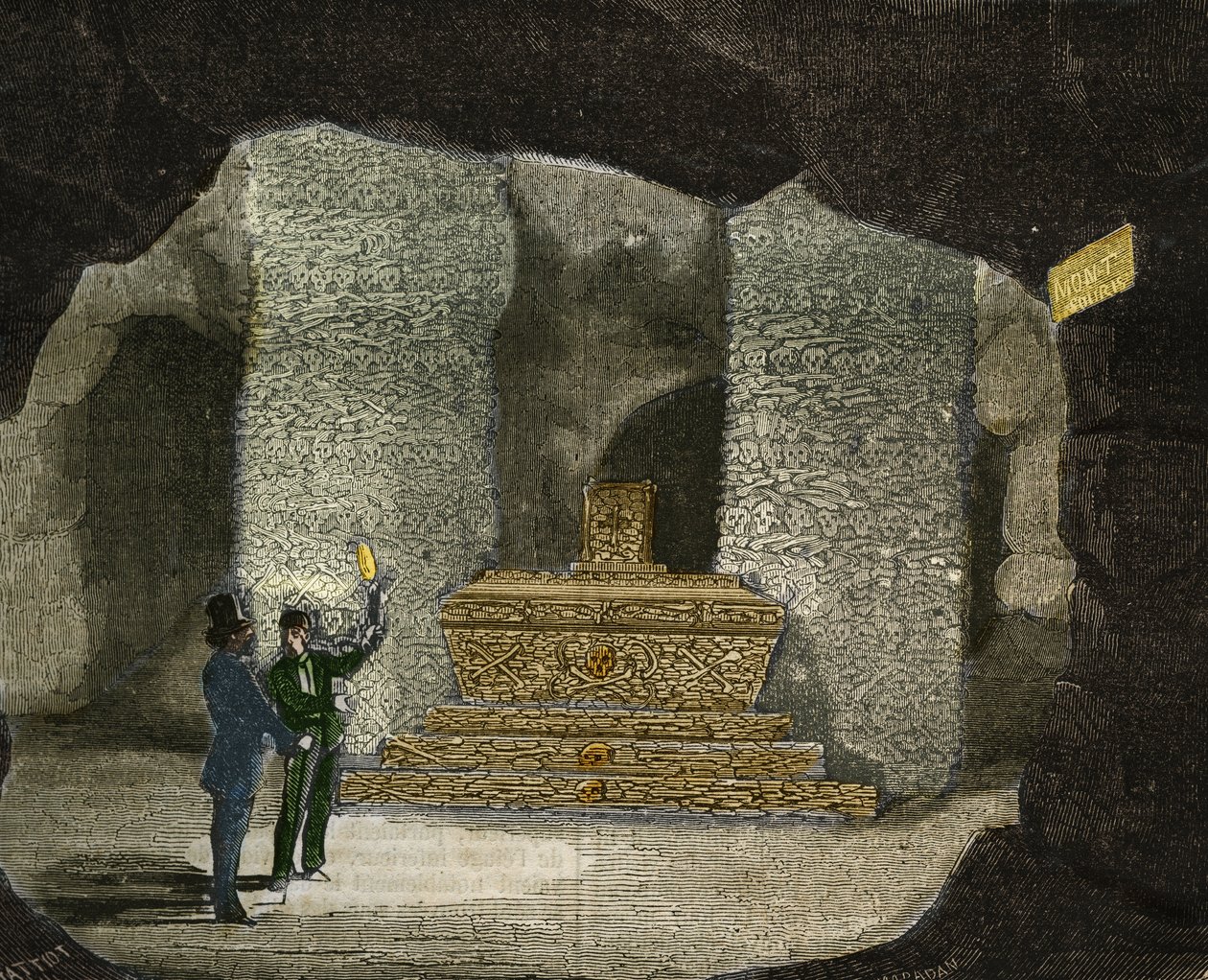 Udsigt over ossuary af katakomberne i Montsouris i Paris. Indgravering fra 1856 i "" Le Musee Des Sciences"" af Unknown artist