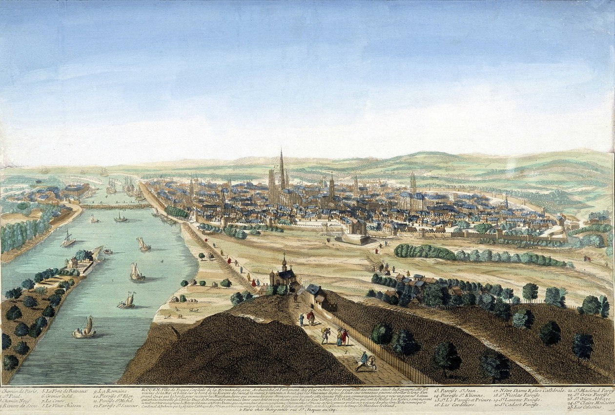 Udsigt over havnen og byen Rouen; Stik af det 18. århundrede. af Unknown artist