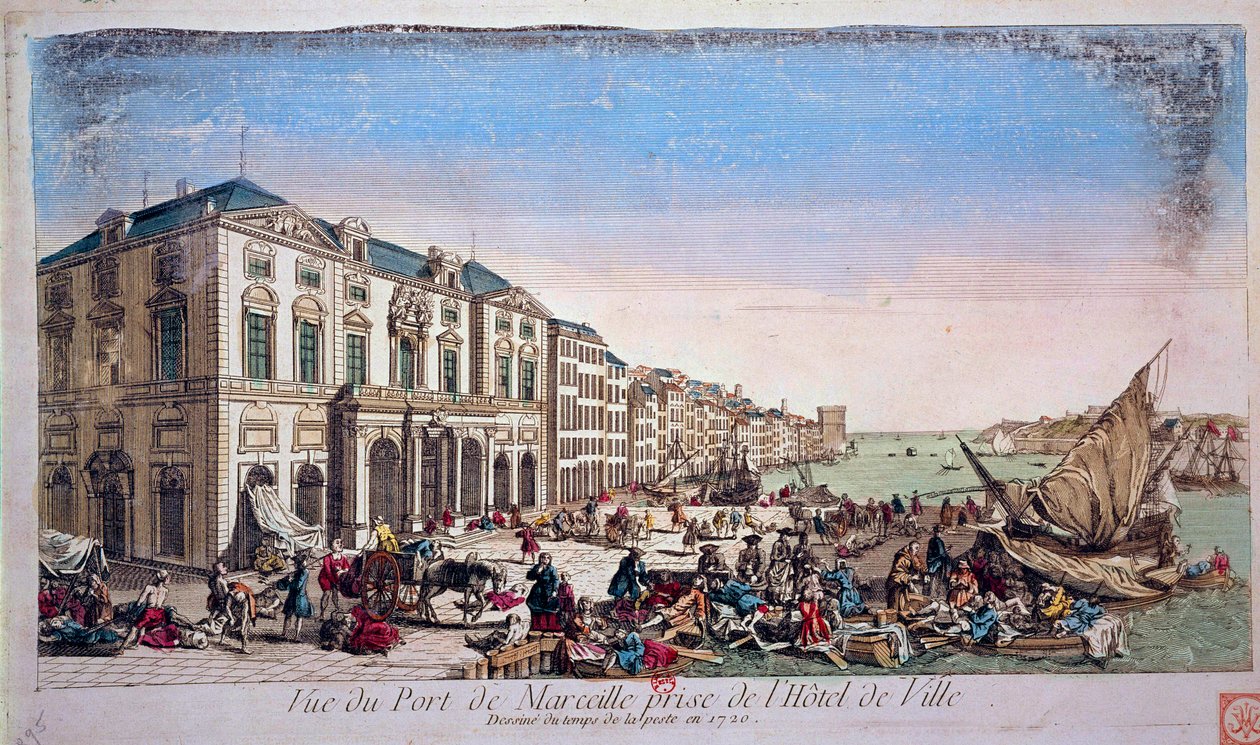 Udsigt over havnen i Marseille fra rådhuset på tidspunktet for pestepidemien i 1720 Indgravering af 1720 Paris, B.N. af Unknown artist
