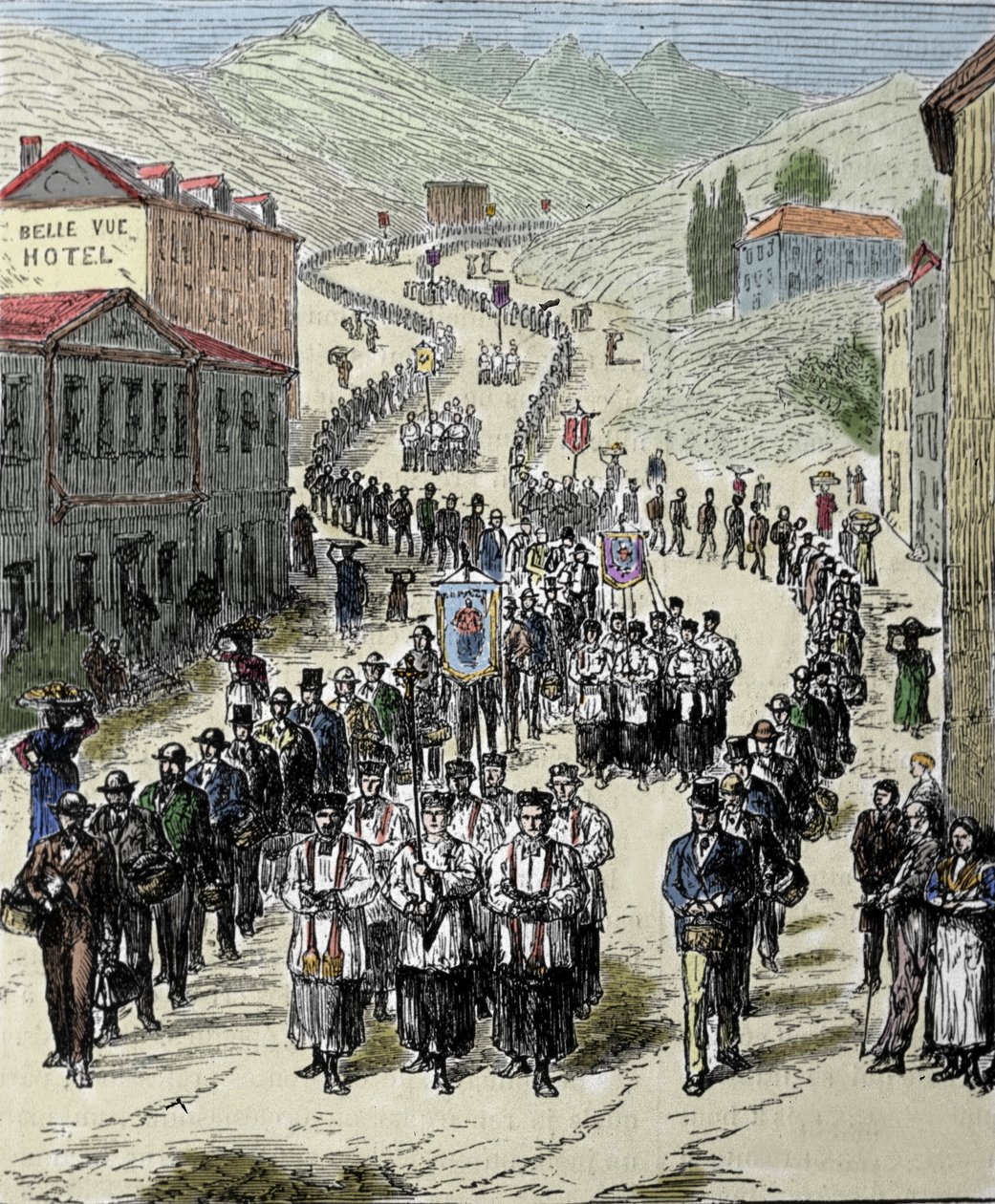 Udsigt over processionen fra stationen til Lourdes-hulen i de høje Pyrenæer, hvor Jomfruen viste sig for Bernadette Soubirous (1844-1879) i 1858, det nuværende pilgrimssted. Indgravering af det 19. århundrede af Unknown artist