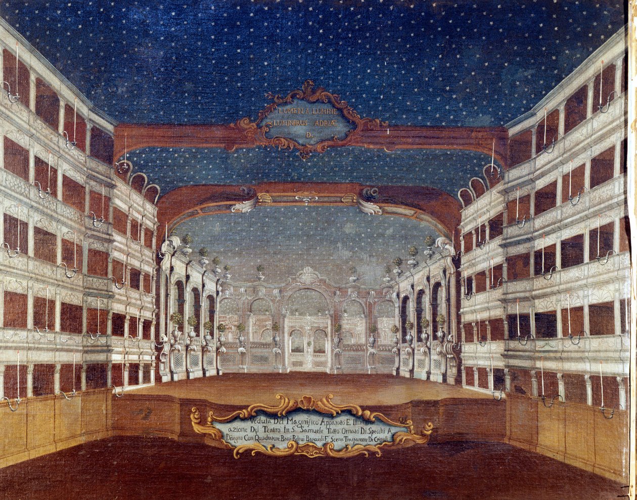 Udsigt over teatret San Samuele (Samuel) i Venedig ødelagt af brand i 1747. Tegning af det 18. århundrede. af Unknown artist