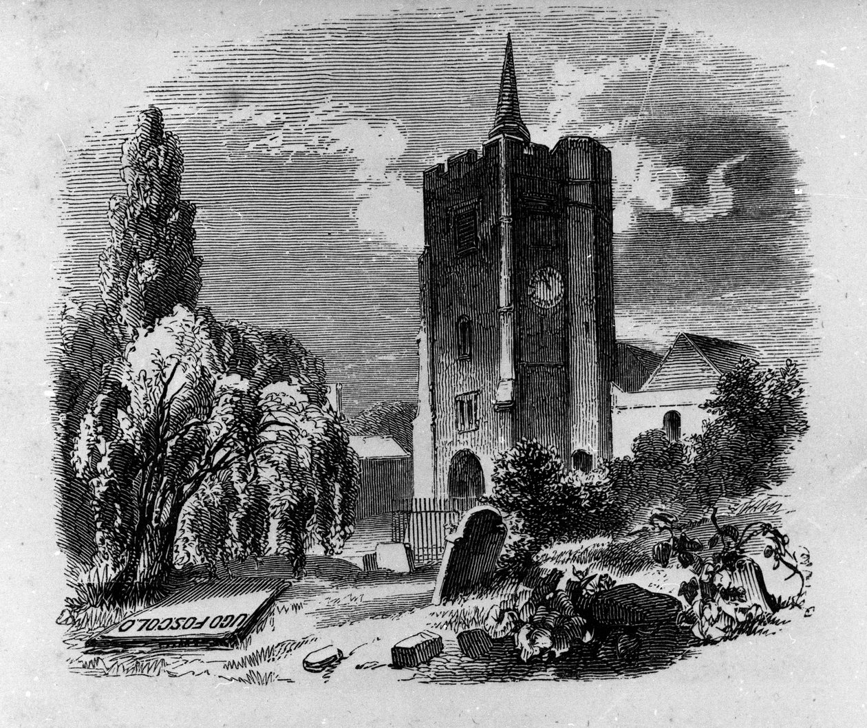 Udsigt over den italienske digter og dramatiker Ugo Foscolos (1778-1827) grav på kirkegården i Chiswick i London. Indgravering af det 19. århundrede af Unknown artist