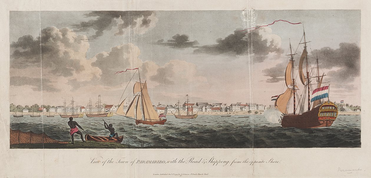 Udsigt over byen Paramaribo, med vejen og skibsfarten fra den modsatte bred af Unknown artist