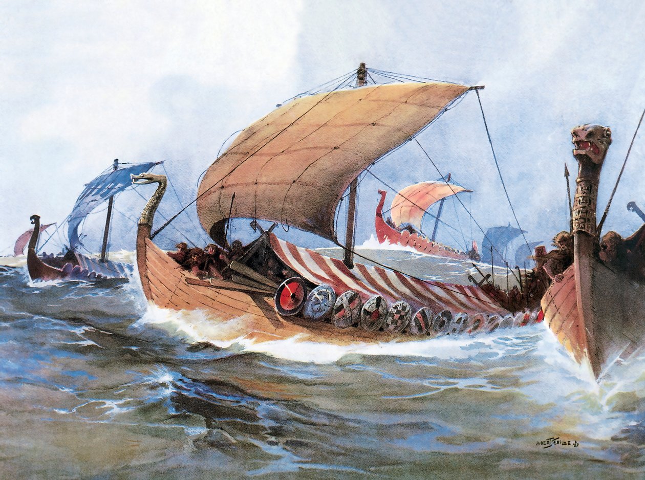 Vikingebåd i transit mod Normandiet, akvarel af Unknown artist