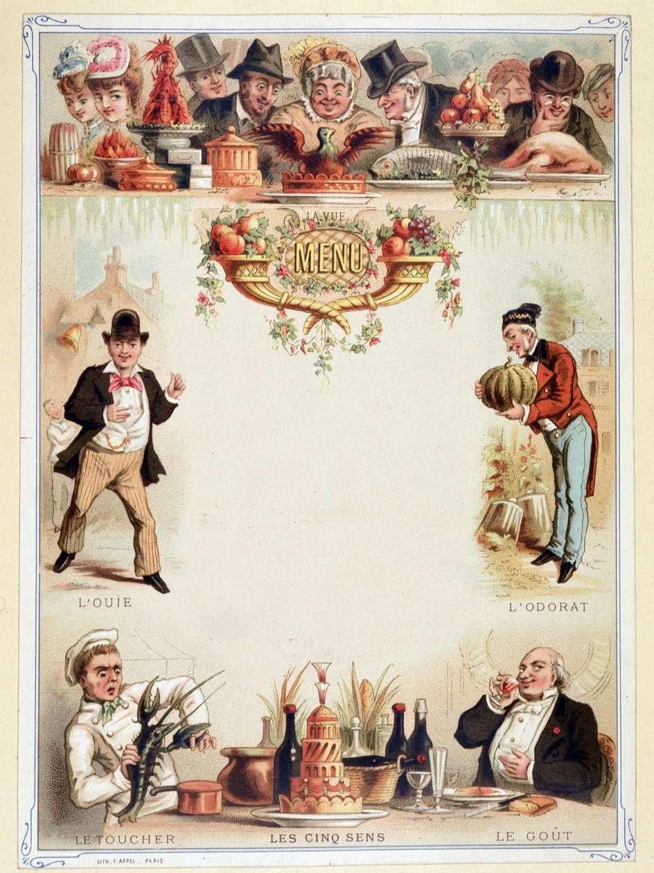 Jomfrumenu, illustrerer de fem sanser - kromolitografi, slutningen af det 19. århundrede af Unknown artist