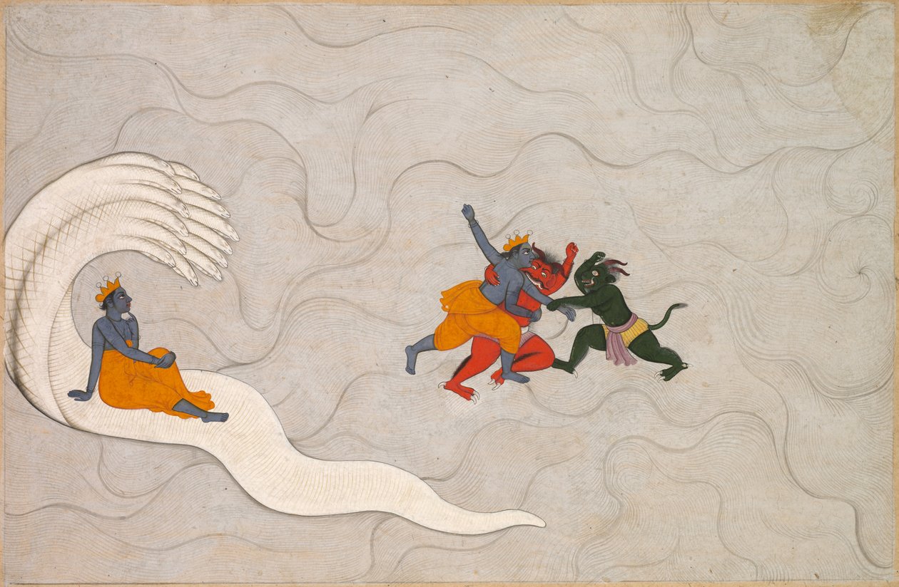 Vishnu kæmper mod Madhu og Kaitabha fra Markandeya Purana af Unknown artist