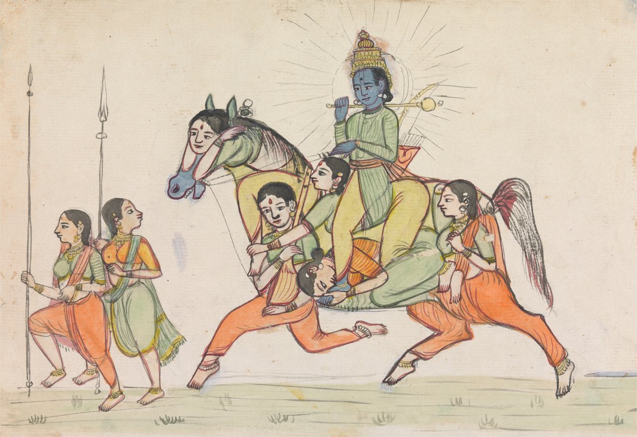 Vishnu rider på en hest sammensat af kvindelige ledsagere af Unknown artist